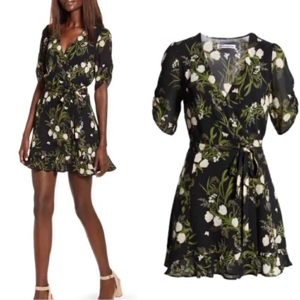 Reformation Lucky Wrap Dress Black Floral Tulip Print V-Neck Ruffle Mini Size S